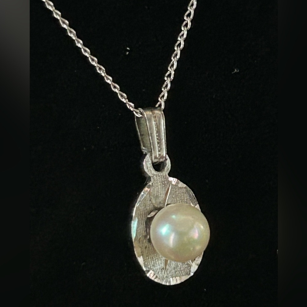 Vintage Sterling Silver Pendant Faux Pearl and Silver Plate Necklace